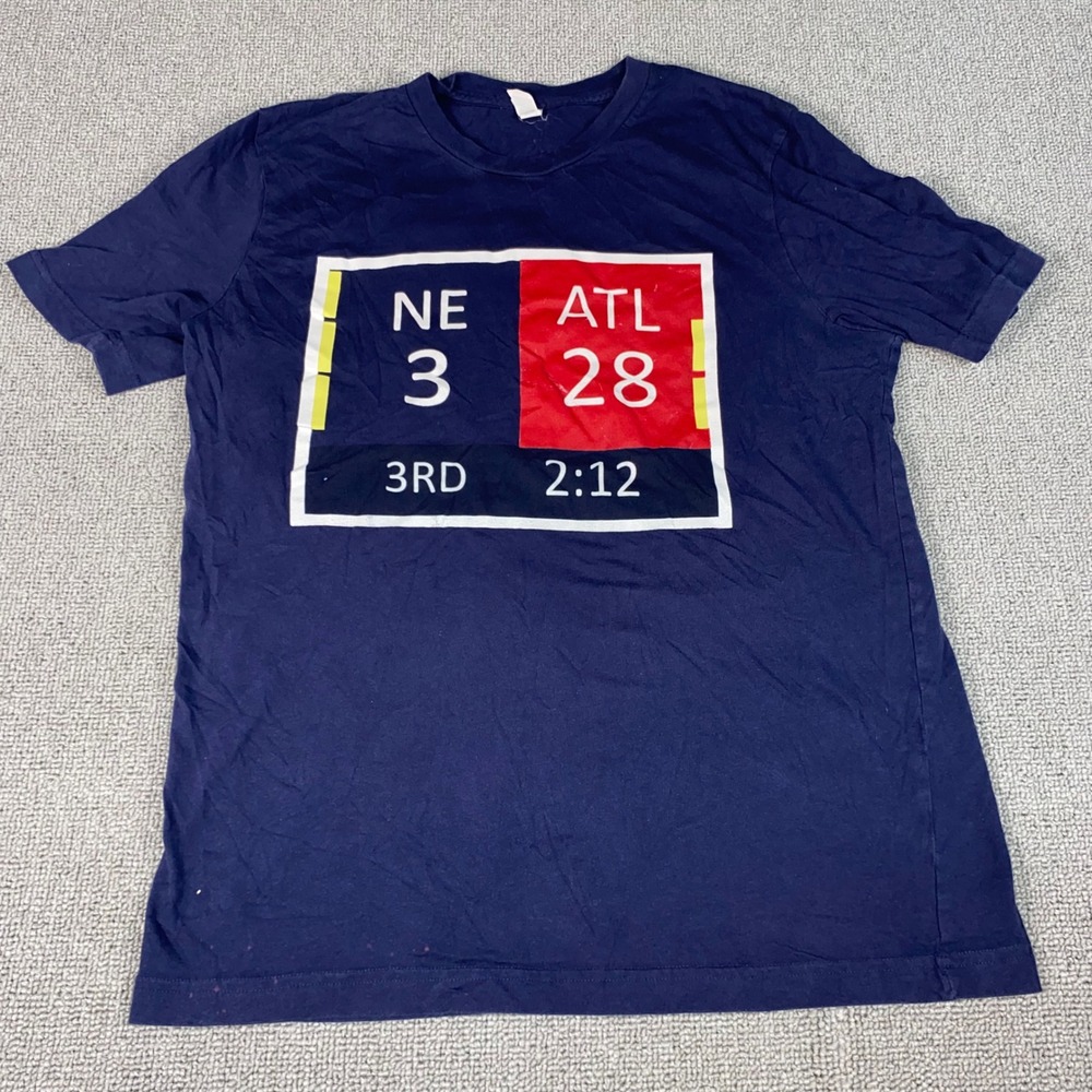 Patriots Falcons Football Shirt Mens Large Navy Blue Super Bowl 28-3 Scoreboard